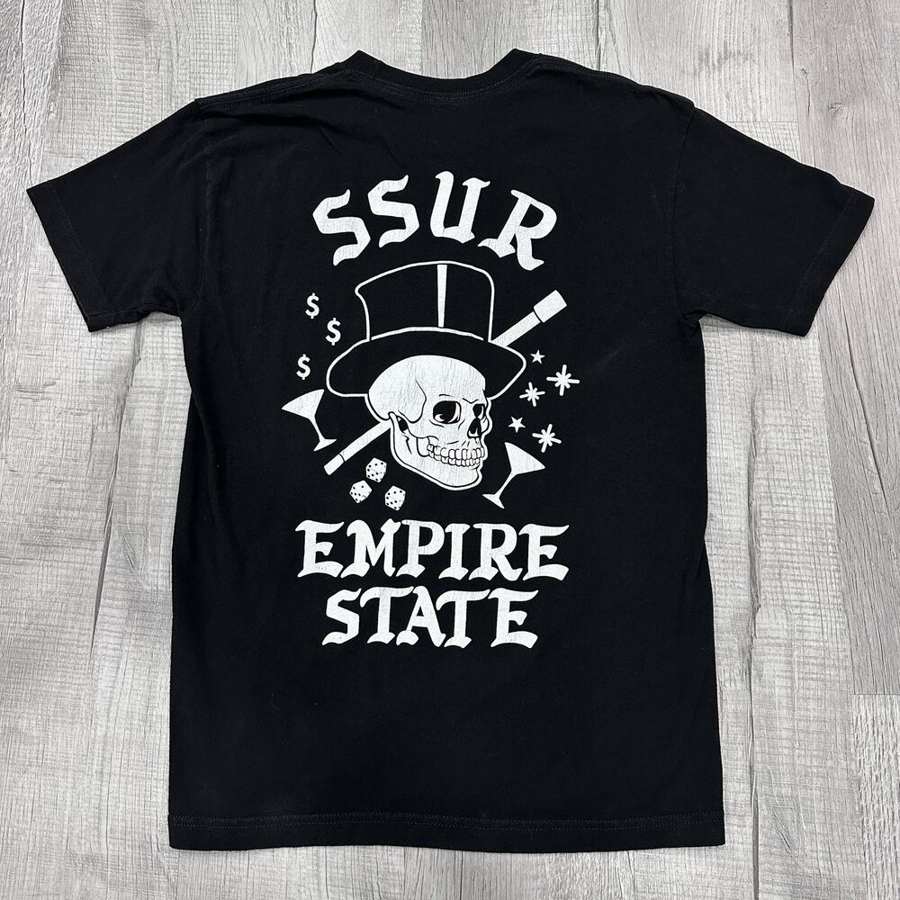 SSUR Black Graphic T-Shirt Mens Medium Red Rose Logo Streetwear Y2K Empire State